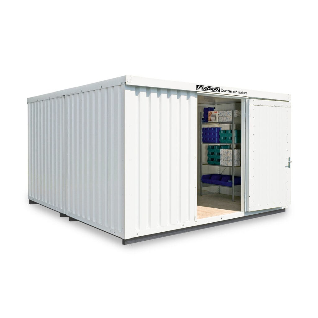 Produktabbildung: FLADAFI® Materialcontainer-Kombination, isoliert, 16 m², mit isoliertem Boden, HxBxT 2.500 x 4.050 x 4.340 mm, Doppelflügeltür (asymmetrische Teilung), mittig im Modul