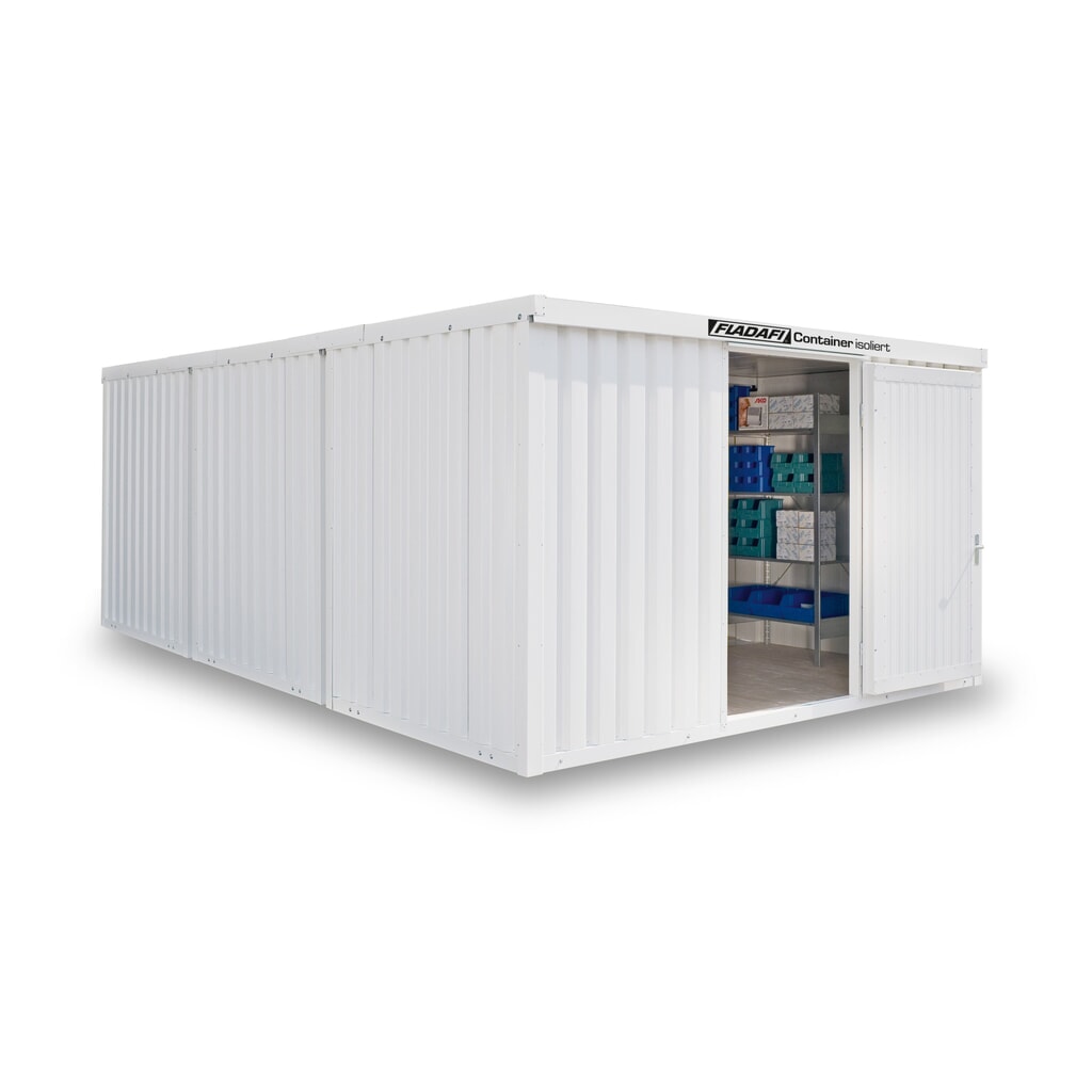 FLADAFI® Materialcontainer-Kombination, isoliert, 25 m², mit Holzfußboden, HxBxT 2.405 x 4.050 x 6.520 mm, Einzelflügeltür, mittig in Stirnseite Produktabbildung: FLADAFI® Materialcontainer-Kombination, isoliert, 25 m², mit Holzfußboden, HxBxT 2.405 x 4.050 x 6.520 mm, Einzelflügeltür, mittig in Stirnseite