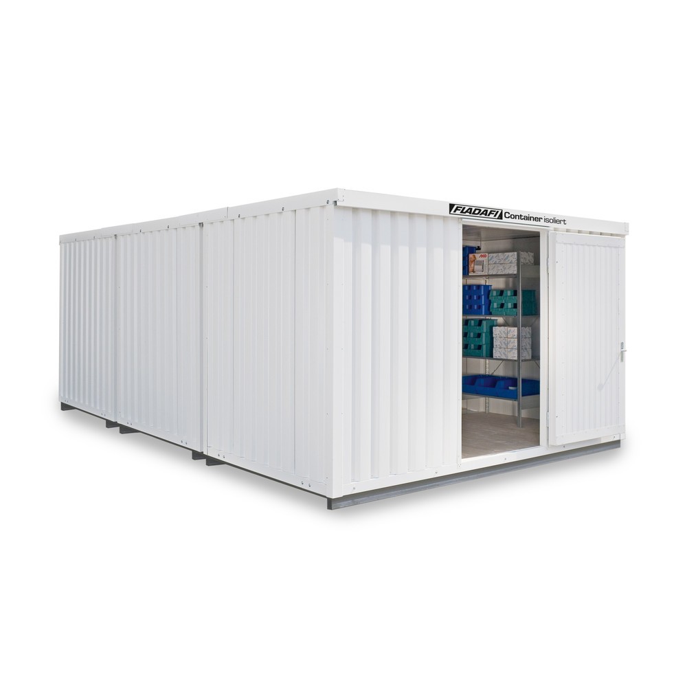 Produktabbildung: FLADAFI® Materialcontainer-Kombination 25m², isoliert, mit isoliertem Boden, Maße außen 4050x6520x2500 mm, Doppelflügeltür, mittig in Stirnseite