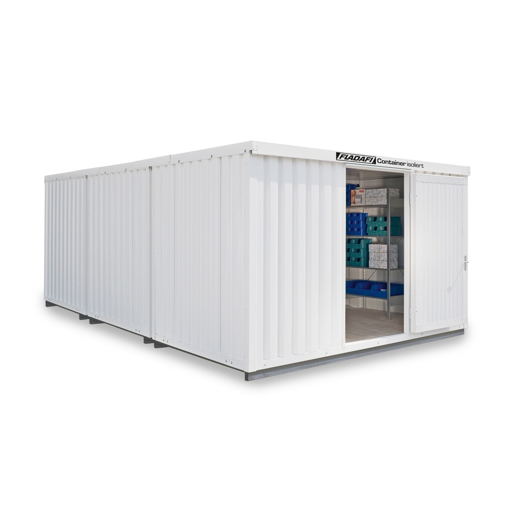 Produktabbildung: FLADAFI® Materialcontainer-Kombination, isoliert, 25 m², mit isoliertem Boden, HxBxT 2.500 x 4.050 x 6.520 mm, Doppelflügeltür (asymmetrische Teilung), mittig im Modul