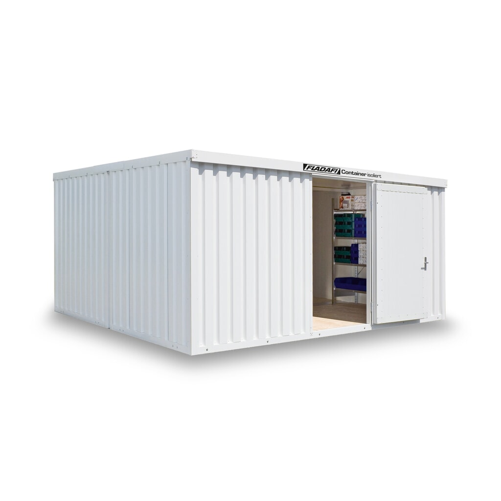 Produktabbildung: FLADAFI® Materialcontainer-Kombination, isoliert, 30 m², mit Holzfußboden, HxBxT 2.405 x 5.080 x 6.520 mm, Doppelflügeltür (asymmetrische Teilung), mittig im Modul