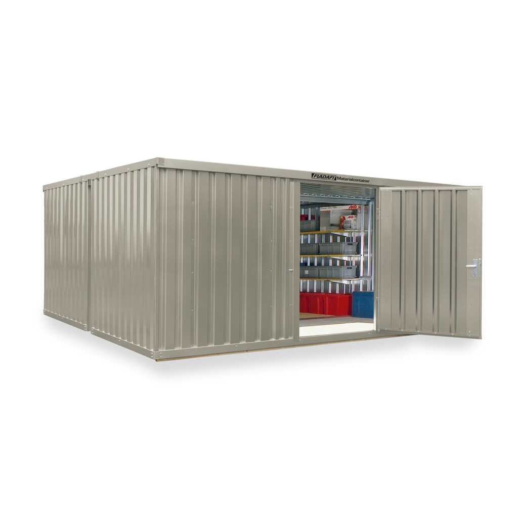 FLADAFI® Materialcontainer Kombination, lackiert, 2 Module, HxBxT 2.150 x 5.080 x 4.340 mm, vormontiert, Holzfußboden, grauweiß Produktabbildung: FLADAFI® Materialcontainer Kombination, lackiert, 2 Module, HxBxT 2.150 x 5.080 x 4.340 mm, vormontiert, Holzfußboden, grauweiß