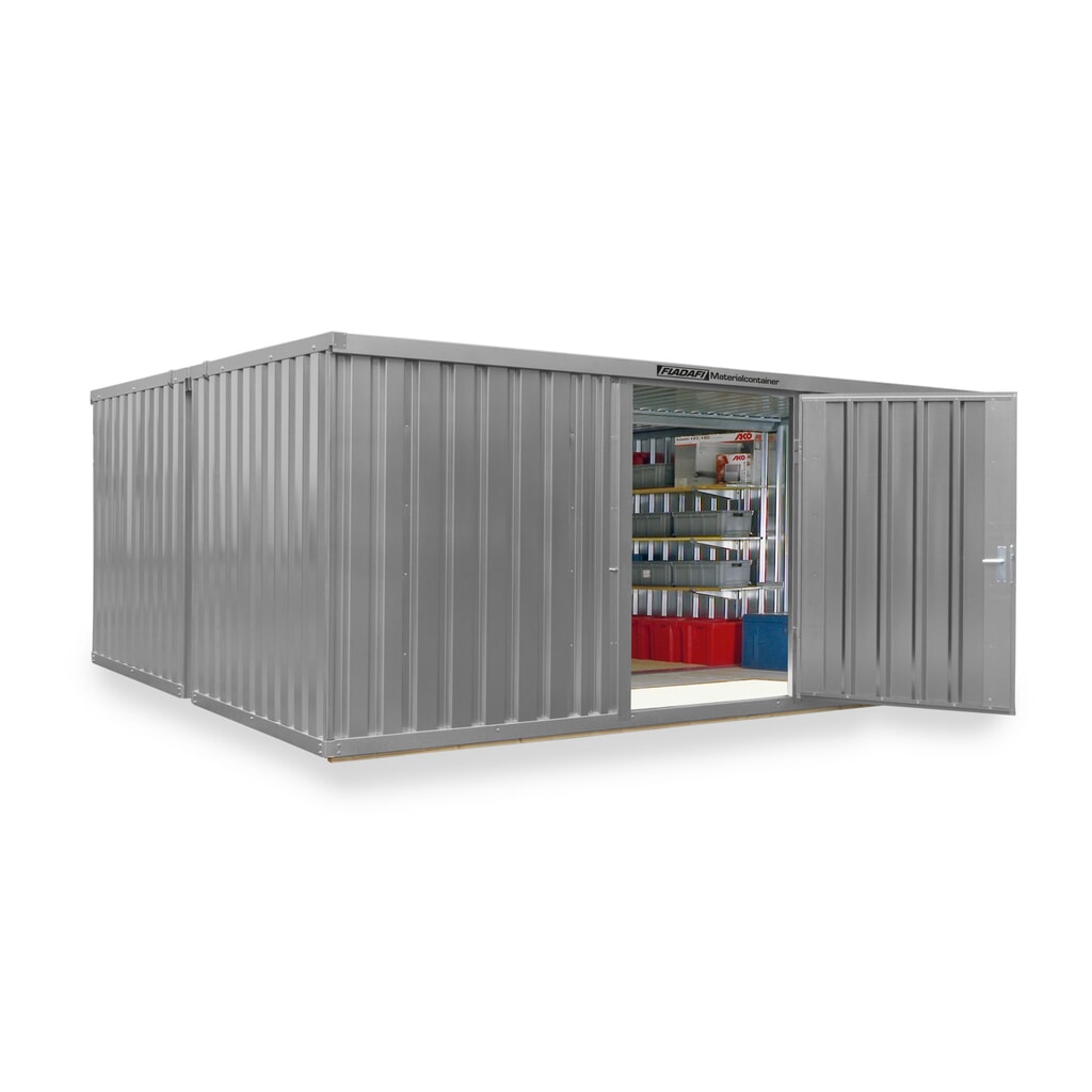 Produktabbildung: FLADAFI® Materialcontainer Kombination, lackiert, 2 Module, HxBxT 2.150 x 5.080 x 4.340 mm, vormontiert, Holzfußboden, lichtgrau