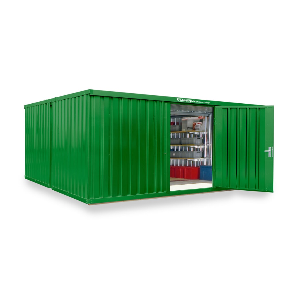 Produktabbildung: FLADAFI® Materialcontainer Kombination, lackiert, 2 Module, HxBxT 2.150 x 5.080 x 4.340 mm, vormontiert, Holzfußboden, grasgrün