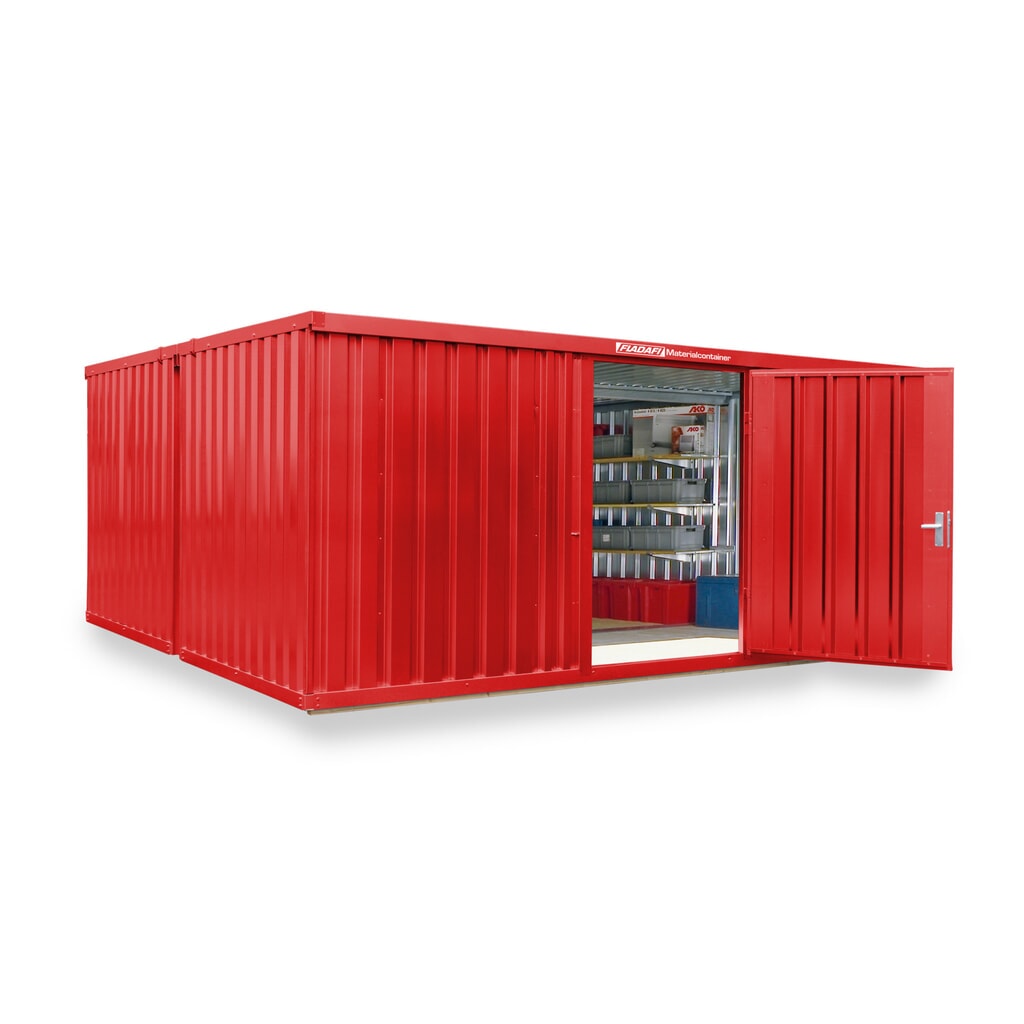 Produktabbildung: FLADAFI® Materialcontainer Kombination, lackiert, 2 Module, HxBxT 2.150 x 5.080 x 4.340 mm, vormontiert, Holzfußboden, feuerrot