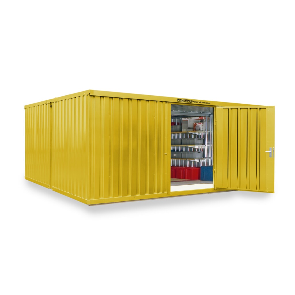 Produktabbildung: FLADAFI® Materialcontainer Kombination, lackiert, 2 Module, HxBxT 2.150 x 5.080 x 4.340 mm, vormontiert, Holzfußboden, signalgelb