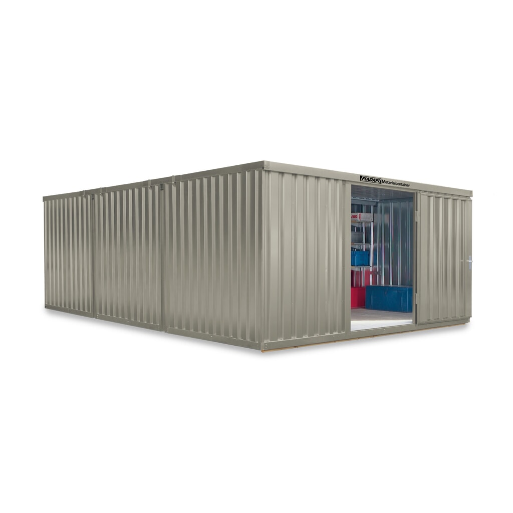 Produktabbildung: FLADAFI® Materialcontainer Kombination, lackiert, 3 Module, HxBxT 2.150 x 4.050 x 6.520 mm, vormontiert, Holzfußboden, grauweiß