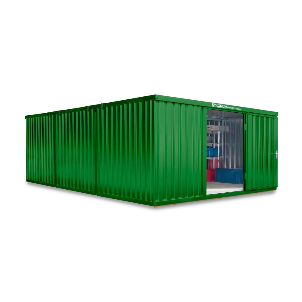 Produktabbildung: FLADAFI® Materialcontainer Kombination, 3 Module, HxBxT 2.150 x 4.050 x 6.520 mm, vormontiert, Holzfußboden, lackiert, grasgrün