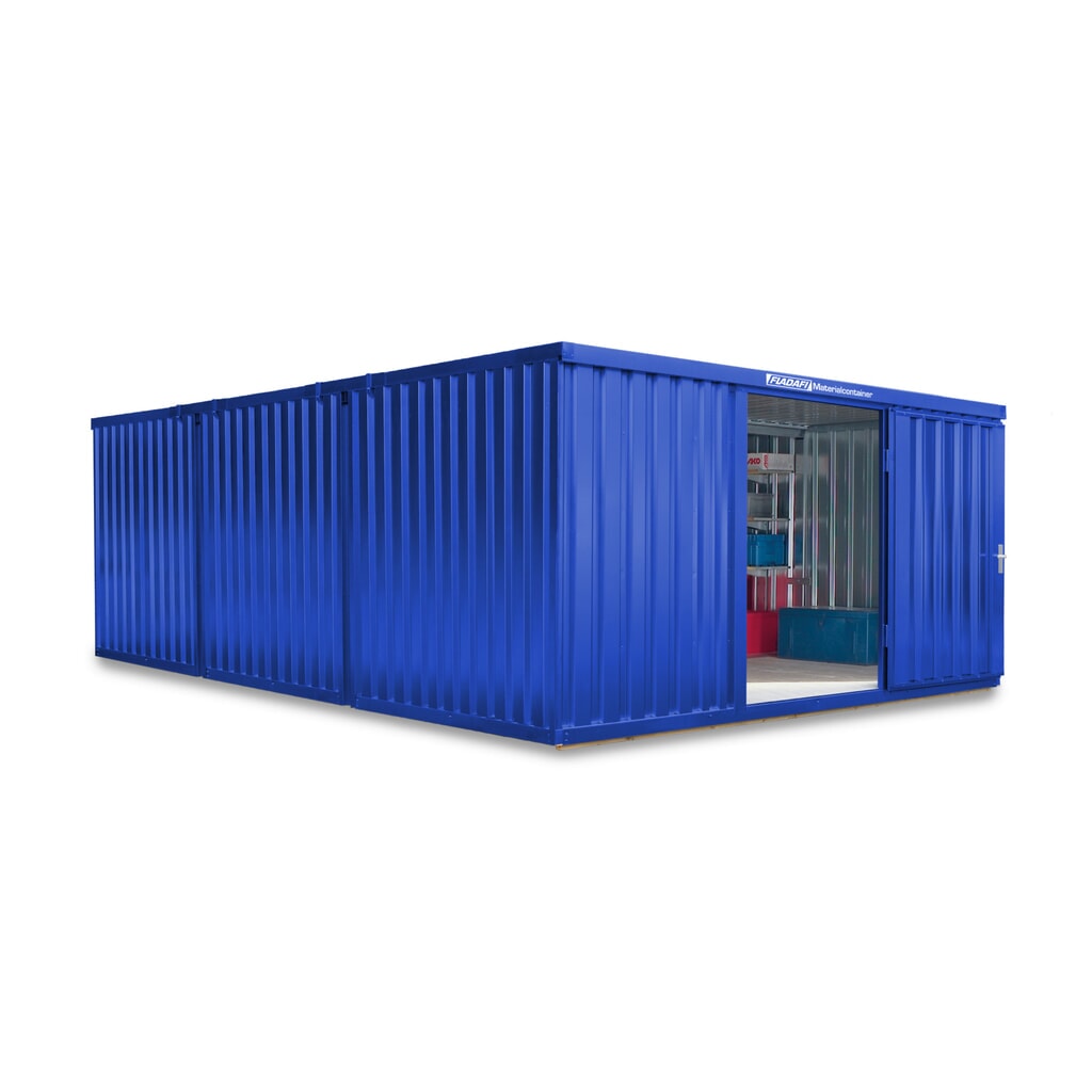 Produktabbildung: FLADAFI® Materialcontainer Kombination, lackiert, 3 Module, HxBxT 2.150 x 4.050 x 6.520 mm, vormontiert, Holzfußboden, enzianblau