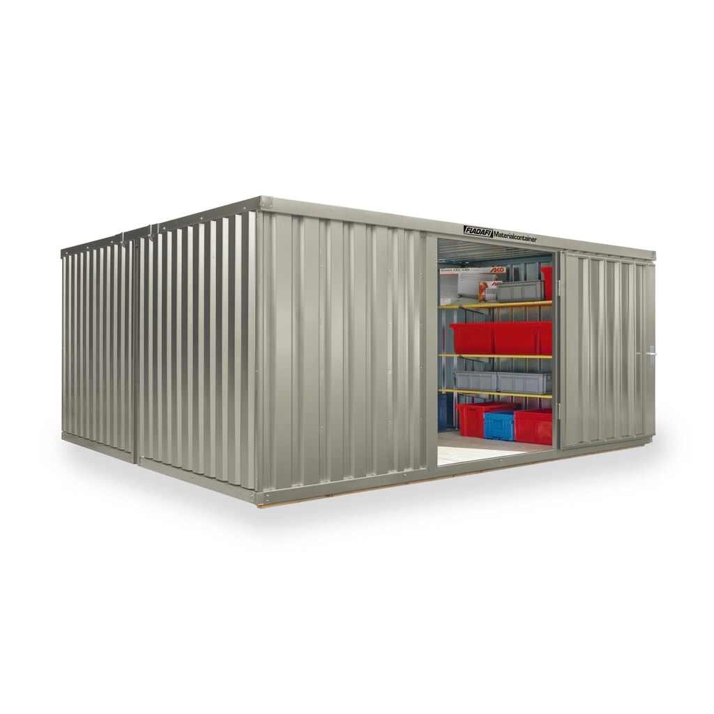 Produktabbildung: FLADAFI® Materialcontainer Kombination, lackiert, 2 Module, HxBxT 2.150 x 4.050 x 4.340 mm, vormontiert, Holzfußboden, grauweiß
