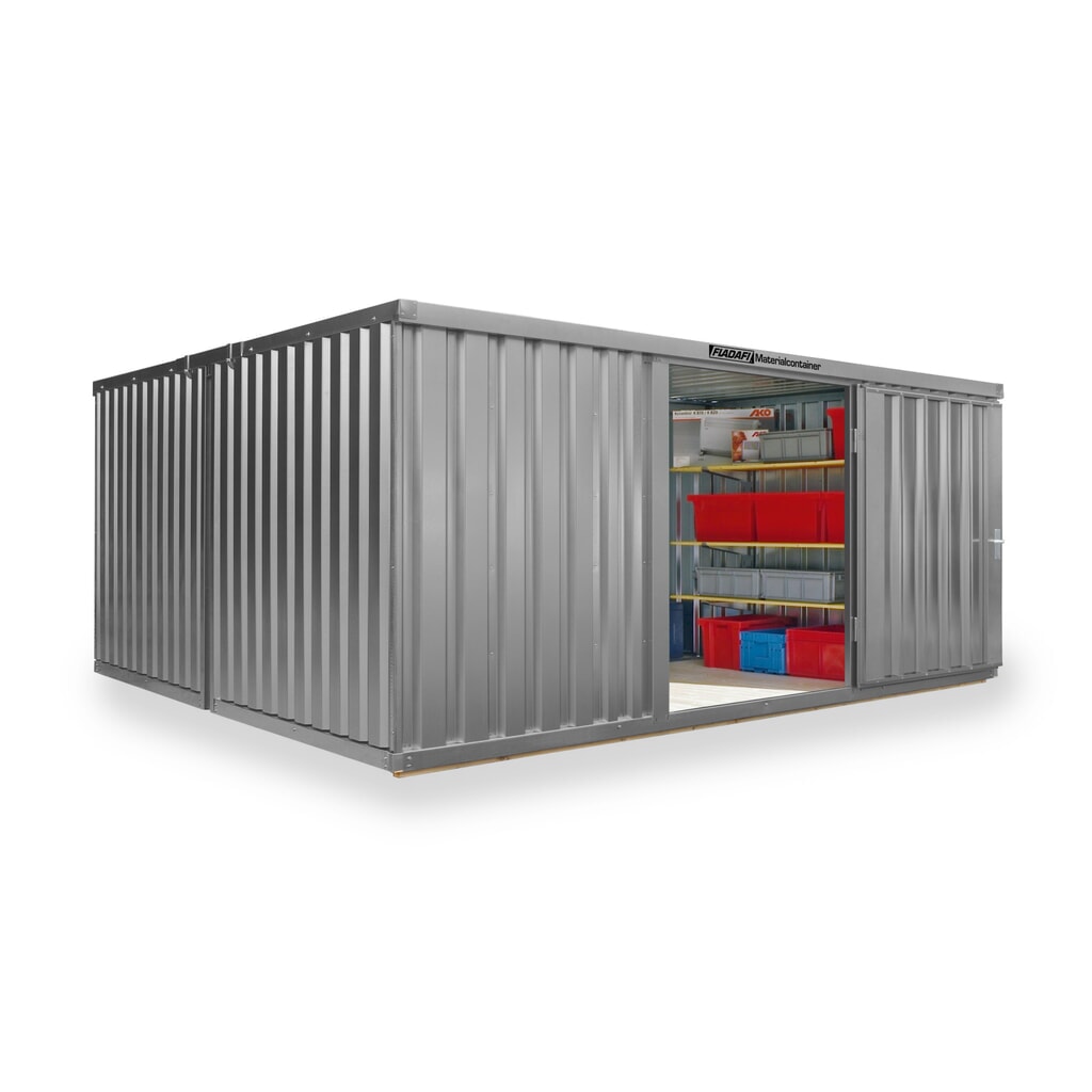 FLADAFI® Materialcontainer Kombination, lackiert, 2 Module, HxBxT 2.150 x 4.050 x 4.340 mm, vormontiert, Holzfußboden, lichtgrau Produktabbildung: FLADAFI® Materialcontainer Kombination, lackiert, 2 Module, HxBxT 2.150 x 4.050 x 4.340 mm, vormontiert, Holzfußboden, lichtgrau