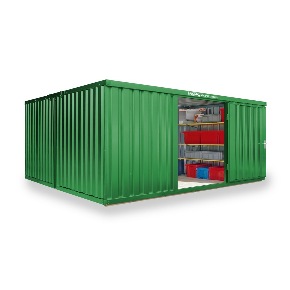 Produktabbildung: FLADAFI® Materialcontainer Kombination, 2 Module, HxBxT 2.150 x 4.050 x 4.340 mm, vormontiert, Holzfußboden, lackiert, grasgrün
