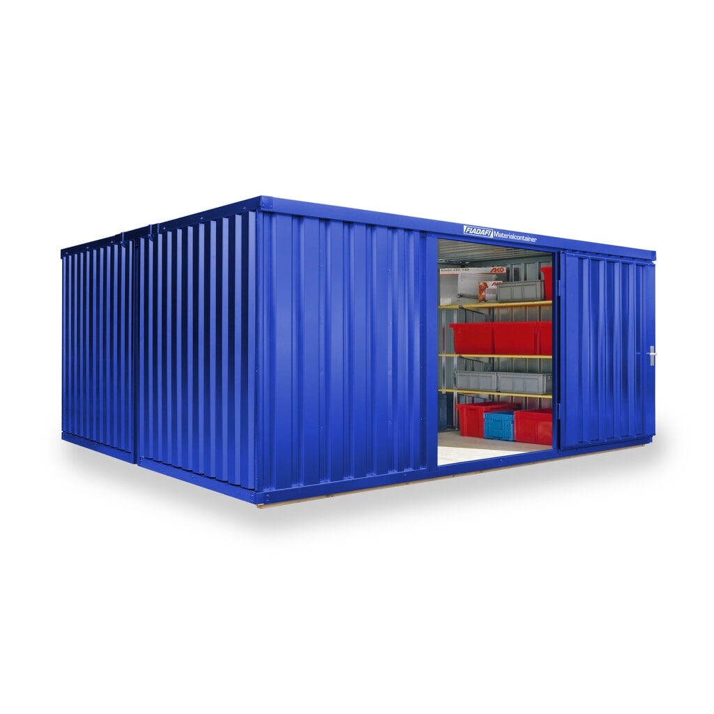 Produktabbildung: FLADAFI® Materialcontainer Kombination, lackiert, 2 Module, HxBxT 2.150 x 4.050 x 4.340 mm, vormontiert, Holzfußboden, enzianblau