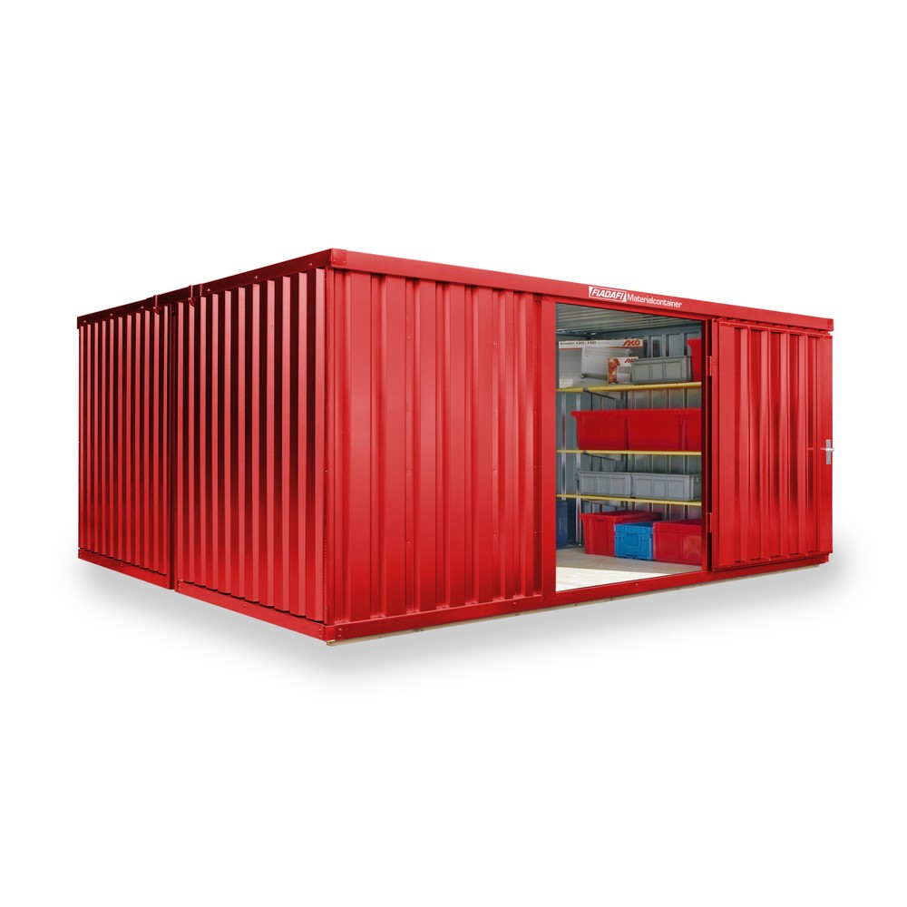 Produktabbildung: FLADAFI® Materialcontainer Kombination, 2 Module, HxBxT 2.150 x 4.050 x 4.340 mm, vormontiert, Holzfußboden, lackiert, feuerrot