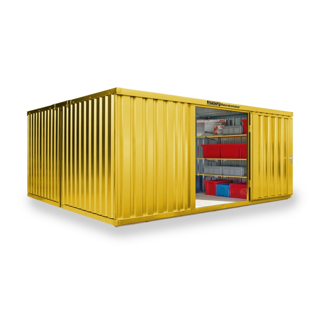 FLADAFI® Materialcontainer Kombination, lackiert, 2 Module, HxBxT 2.150 x 4.050 x 4.340 mm, vormontiert, Holzfußboden, signalgelb Produktabbildung: FLADAFI® Materialcontainer Kombination, lackiert, 2 Module, HxBxT 2.150 x 4.050 x 4.340 mm, vormontiert, Holzfußboden, signalgelb