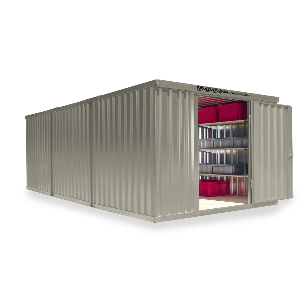 Produktabbildung: FLADAFI® Materialcontainer Kombination, lackiert, 3 Module, HxBxT 2.150 x 3.050 x 6.520 mm, vormontiert, Holzfußboden, grauweiß