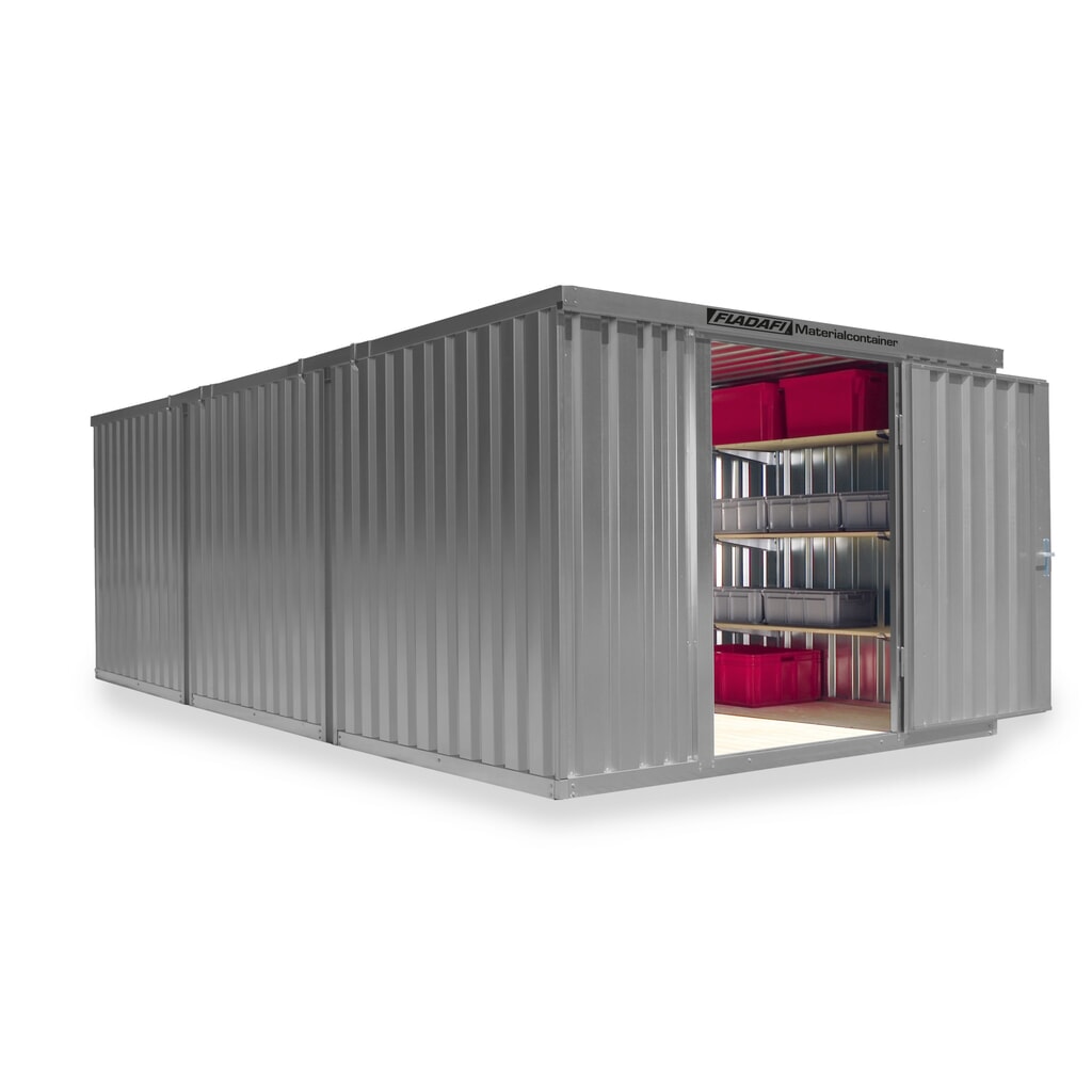 Produktabbildung: FLADAFI® Materialcontainer Kombination, lackiert, 3 Module, HxBxT 2.150 x 3.050 x 6.520 mm, vormontiert, Holzfußboden, lichtgrau