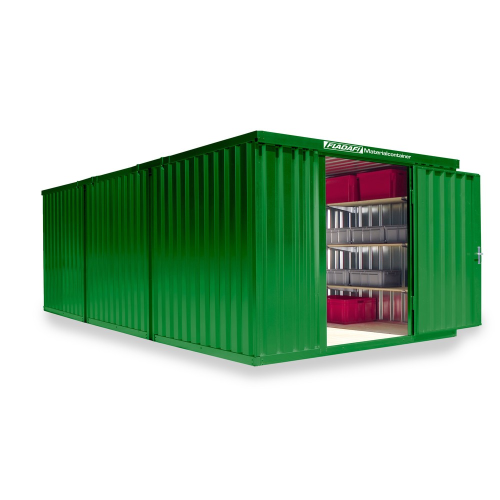 Produktabbildung: FLADAFI® Materialcontainer Kombination, 3 Module, HxBxT 2.150 x 3.050 x 6.520 mm, vormontiert, Holzfußboden, lackiert, grasgrün