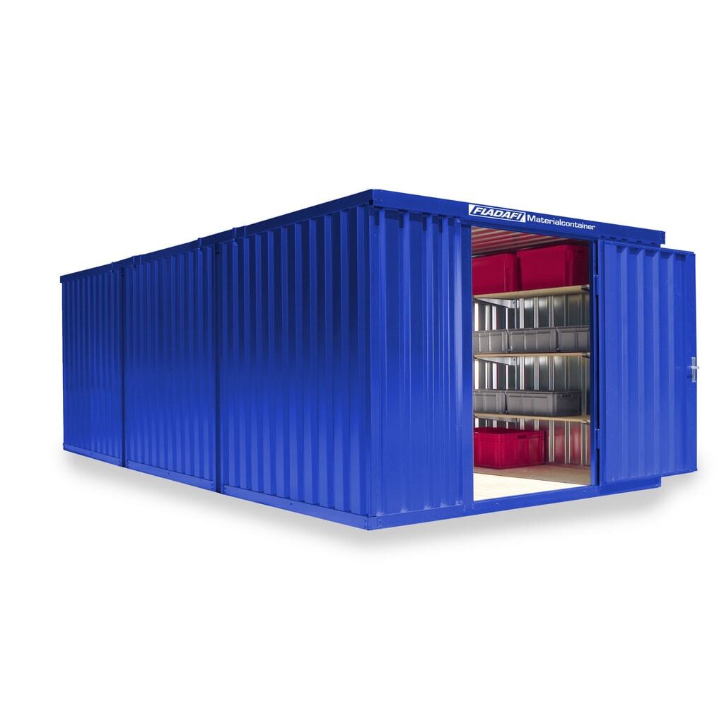 Produktabbildung: FLADAFI® Materialcontainer Kombination, lackiert, 3 Module, HxBxT 2.150 x 3.050 x 6.520 mm, vormontiert, Holzfußboden, enzianblau