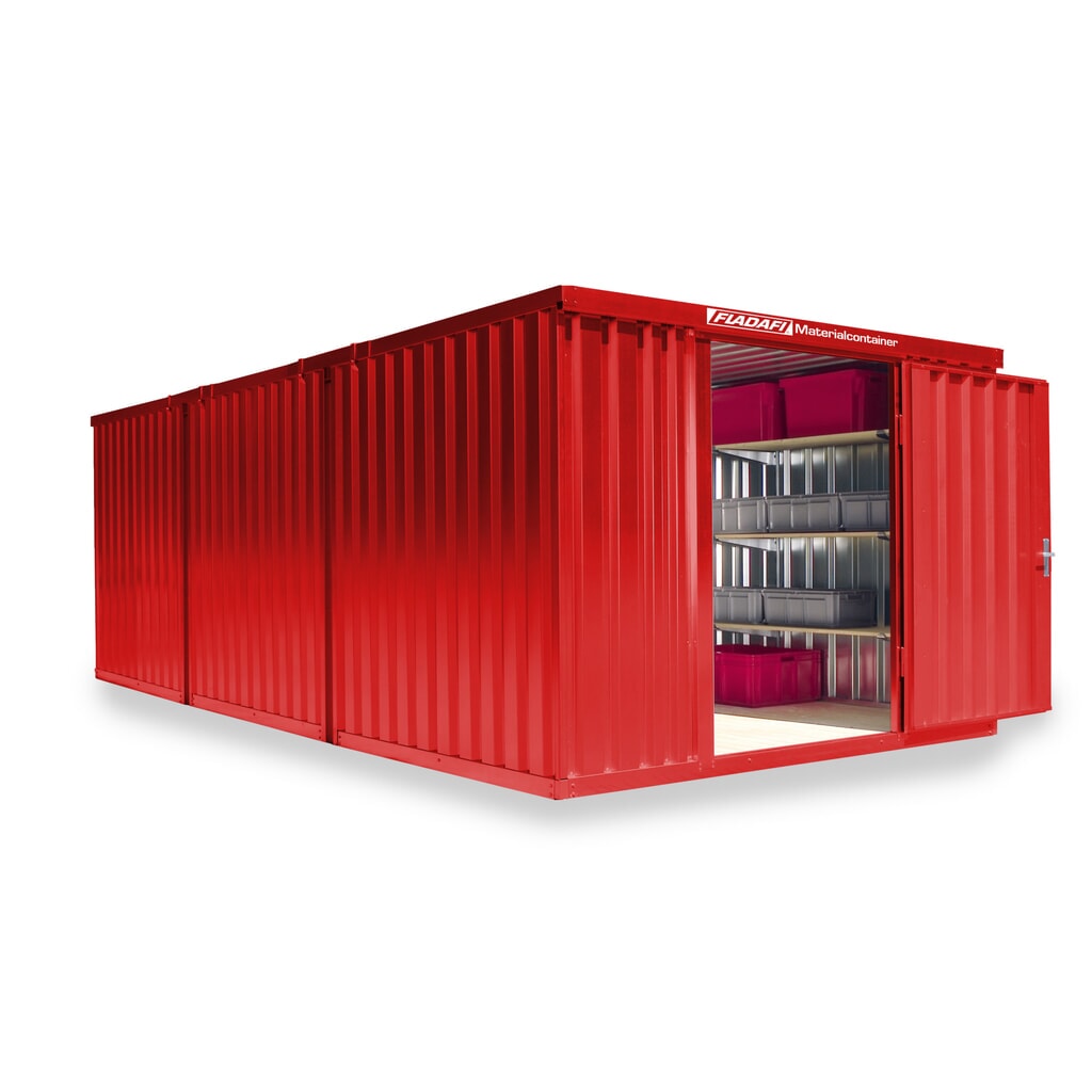 Produktabbildung: FLADAFI® Materialcontainer Kombination, lackiert, 3 Module, HxBxT 2.150 x 3.050 x 6.520 mm, vormontiert, Holzfußboden, feuerrot