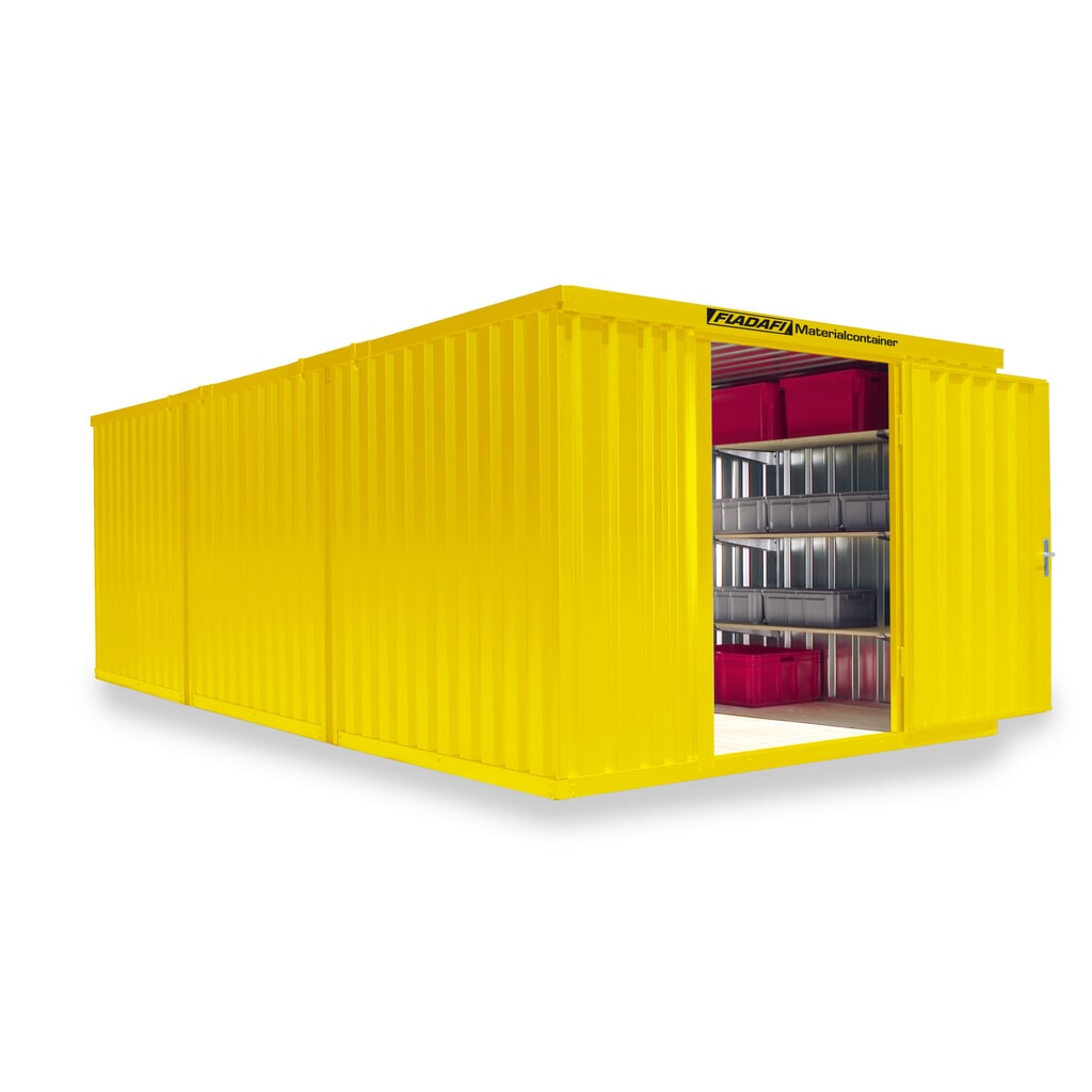 FLADAFI® Materialcontainer Kombination, lackiert, 3 Module, HxBxT 2.150 x 3.050 x 6.520 mm, vormontiert, Holzfußboden, signalgelb Produktabbildung: FLADAFI® Materialcontainer Kombination, lackiert, 3 Module, HxBxT 2.150 x 3.050 x 6.520 mm, vormontiert, Holzfußboden, signalgelb