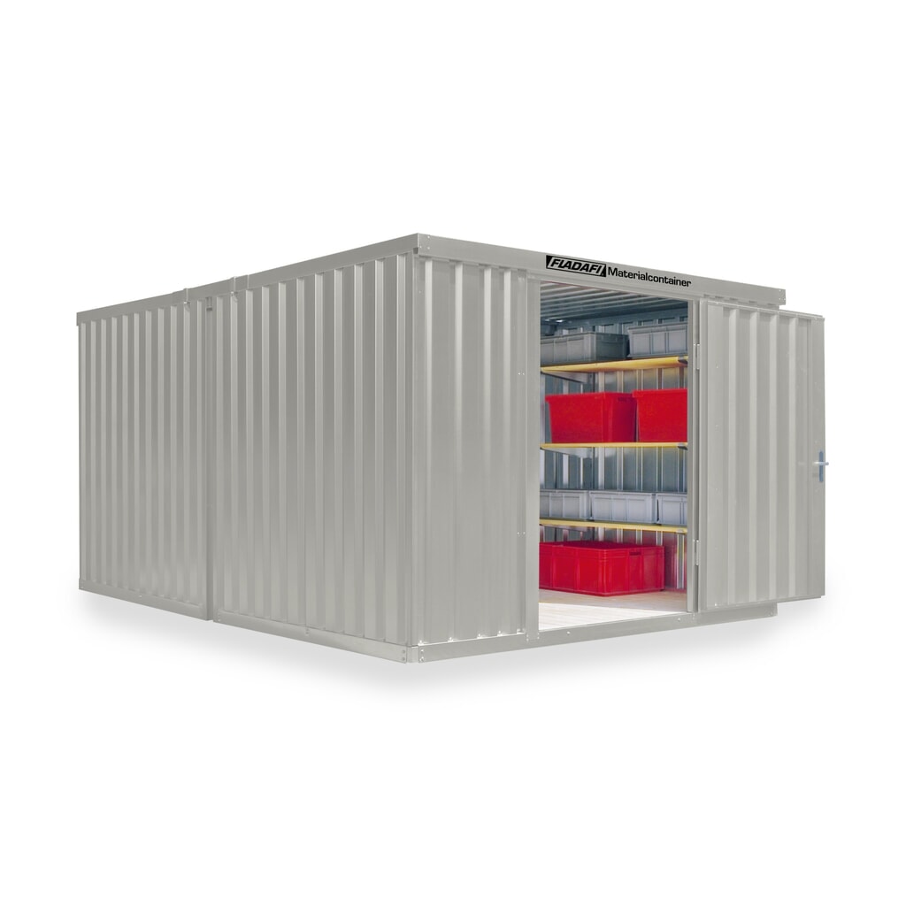 Produktabbildung: FLADAFI® Materialcontainer Kombination, lackiert, 2 Module, HxBxT 2.150 x 3.050 x 4.340 mm, zerlegt, Holzfußboden, grauweiß