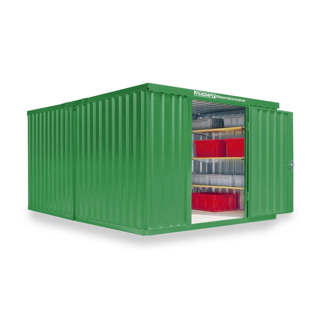 Produktabbildung: FLADAFI® Materialcontainer Kombination, lackiert, 2 Module, HxBxT 2.150 x 3.050 x 4.340 mm, zerlegt, Holzfußboden, grasgrün