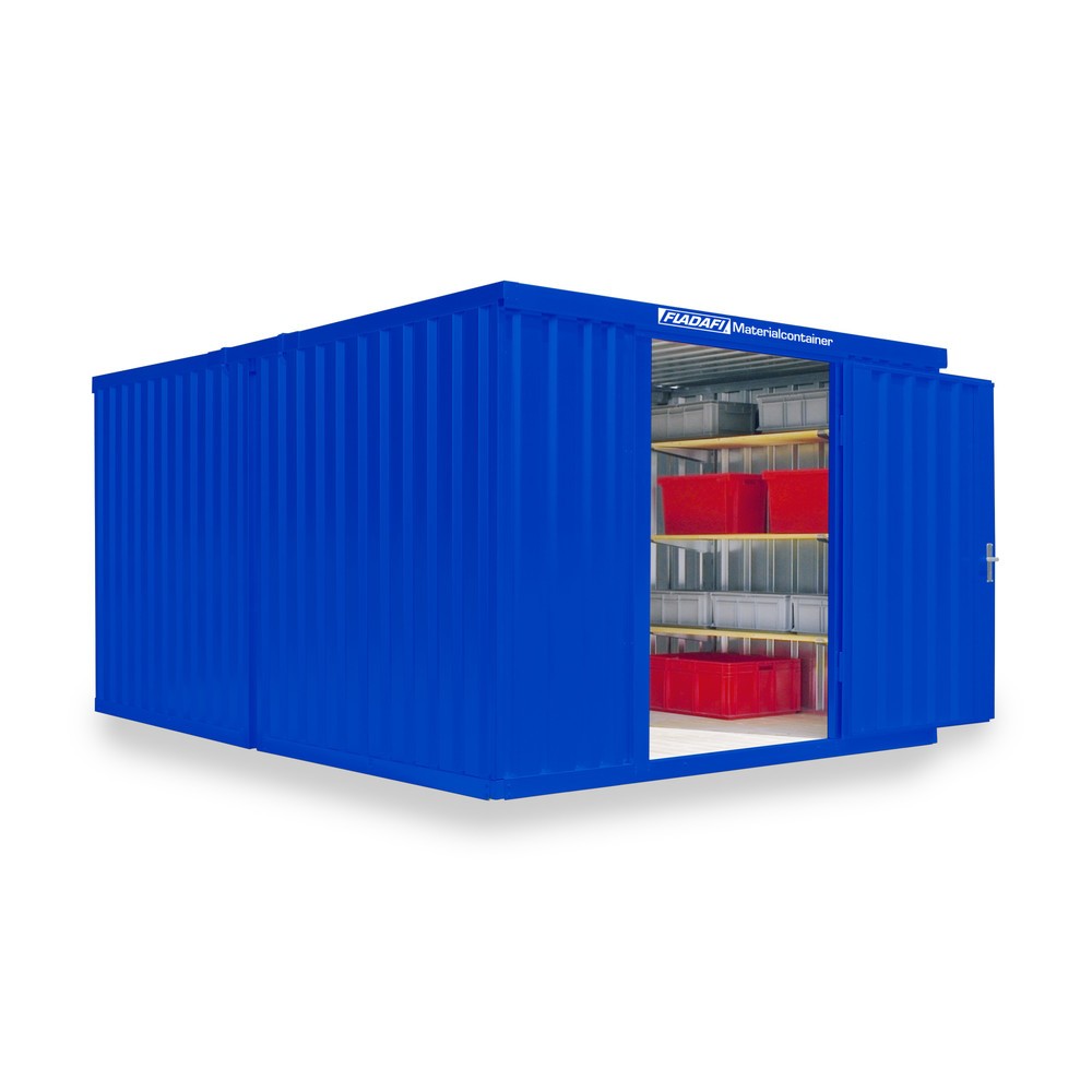Produktabbildung: FLADAFI® Materialcontainer Kombination, 2 Module, HxBxT 2.150 x 3.050 x 4.340 mm, zerlegt, Holzfußboden, lackiert, enzianblau