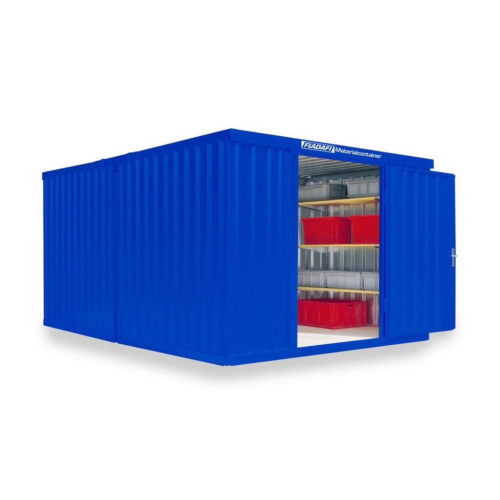 FLADAFI® Materialcontainer Kombination, lackiert, 2 Module, HxBxT 2.150 x 3.050 x 4.340 mm, zerlegt, Holzfußboden, enzianblau Produktabbildung: FLADAFI® Materialcontainer Kombination, lackiert, 2 Module, HxBxT 2.150 x 3.050 x 4.340 mm, zerlegt, Holzfußboden, enzianblau