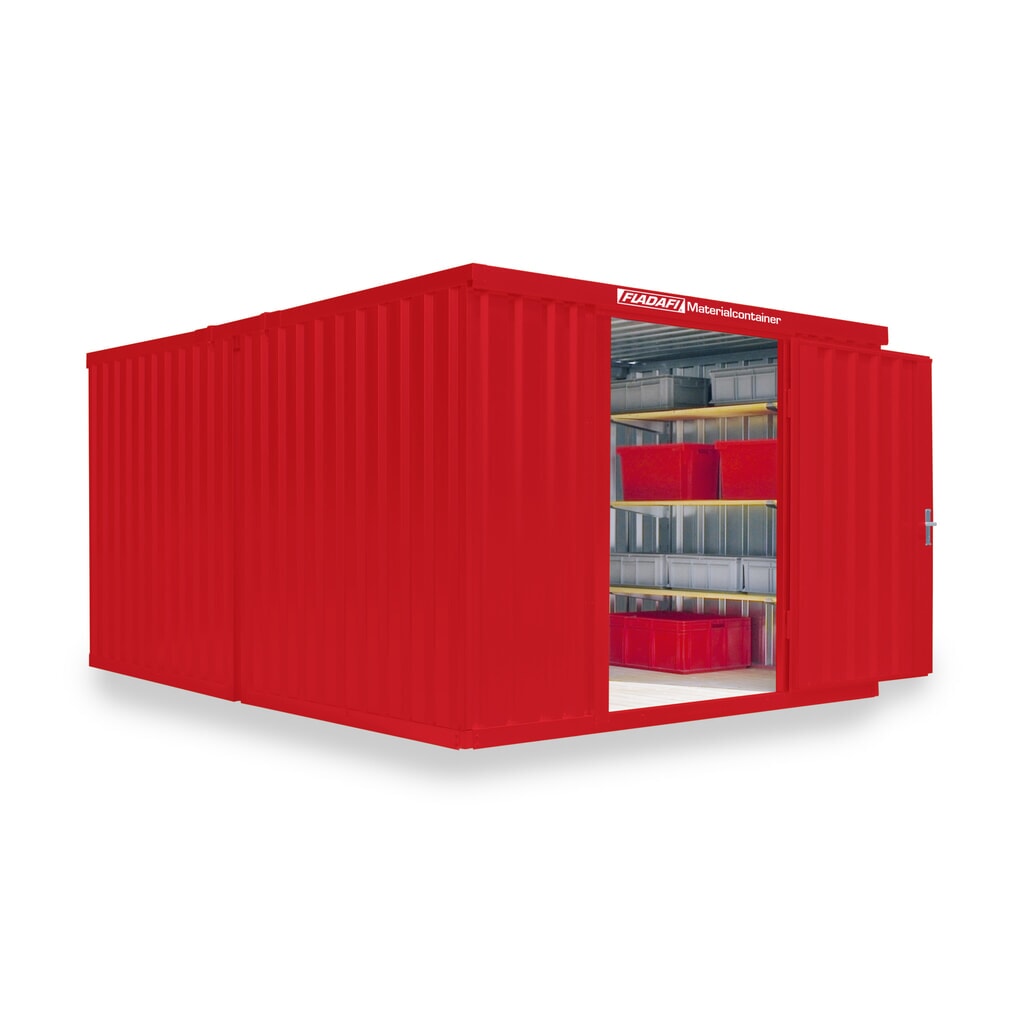 Produktabbildung: FLADAFI® Materialcontainer Kombination, lackiert, 2 Module, HxBxT 2.150 x 3.050 x 4.340 mm, zerlegt, Holzfußboden, feuerrot