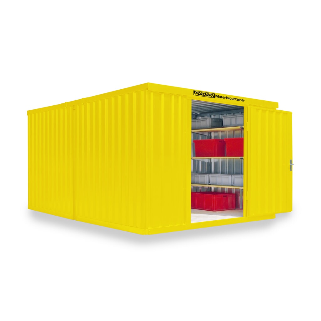 FLADAFI® Materialcontainer Kombination, lackiert, 2 Module, HxBxT 2.150 x 3.050 x 4.340 mm, zerlegt, Holzfußboden, signalgelb Produktabbildung: FLADAFI® Materialcontainer Kombination, lackiert, 2 Module, HxBxT 2.150 x 3.050 x 4.340 mm, zerlegt, Holzfußboden, signalgelb