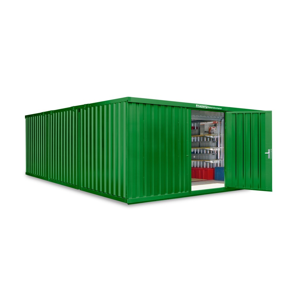 Produktabbildung: FLADAFI® Materialcontainer Kombination, 3 Module, HxBxT 2.150 x 5.080 x 6.520 mm, vormontiert, Holzfußboden, lackiert, grasgrün