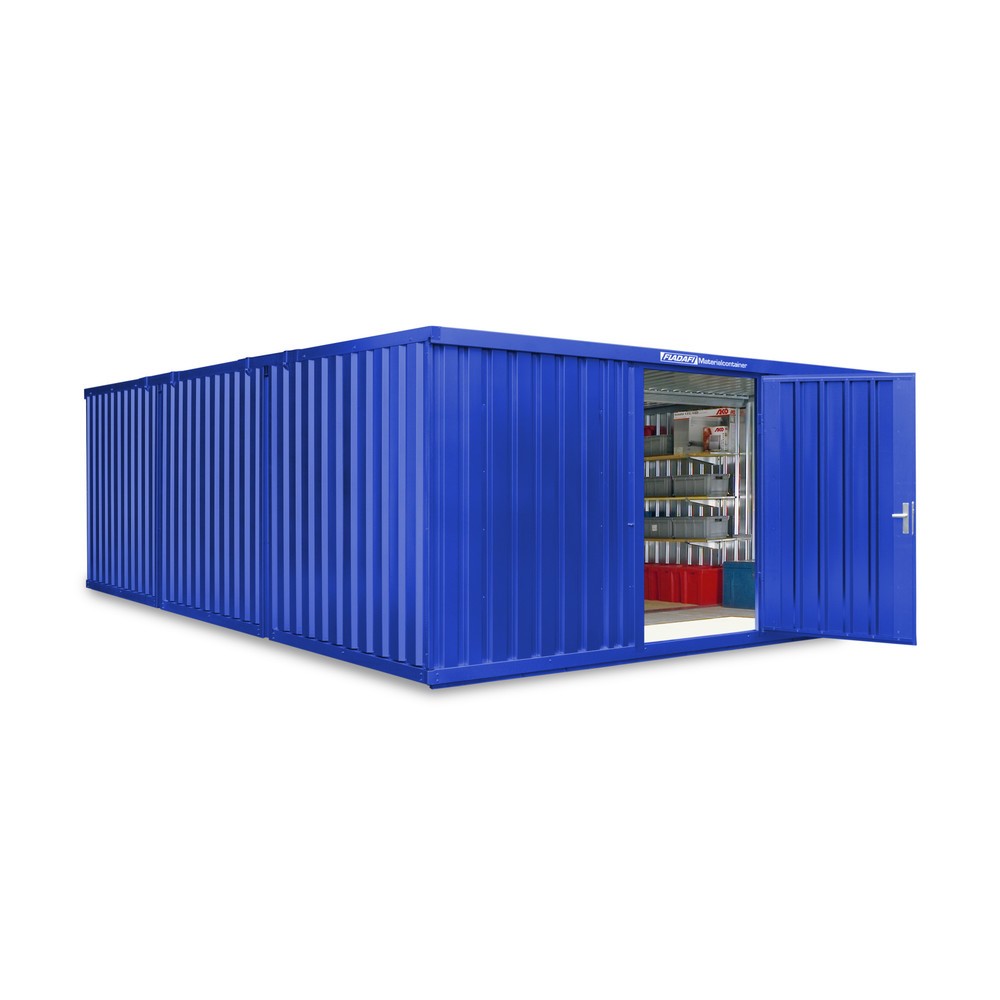 Produktabbildung: FLADAFI® Materialcontainer Kombination, 3 Module, HxBxT 2.150 x 5.080 x 6.520 mm, vormontiert, Holzfußboden, lackiert, enzianblau