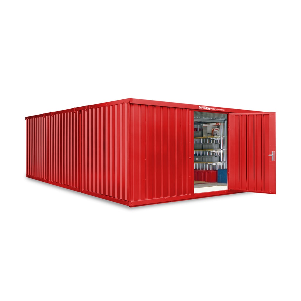 Produktabbildung: FLADAFI® Materialcontainer Kombination, lackiert, 3 Module, HxBxT 2.150 x 5.080 x 6.520 mm, vormontiert, Holzfußboden, feuerrot