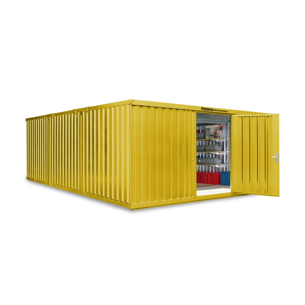 Produktabbildung: FLADAFI® Materialcontainer Kombination, lackiert, 3 Module, HxBxT 2.150 x 5.080 x 6.520 mm, vormontiert, Holzfußboden, signalgelb