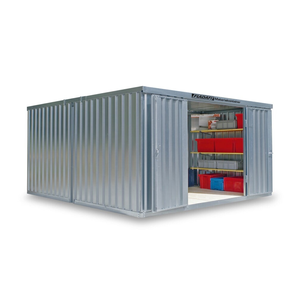 Produktabbildung: FLADAFI® Materialcontainer-Kombination, zerlegt, 12 m², ohne Boden, HxBxT 2.115 x 3.050 x 4.340 mm, Einzelflügeltür, mittig im Modul