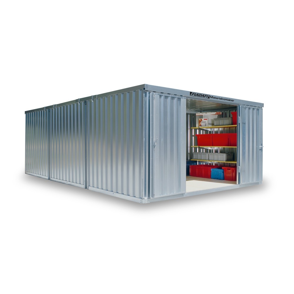 Produktabbildung: FLADAFI® Materialcontainer-Kombination 25m², zerlegt, mit Holzfußboden, Maße außen 4050x6520x2150 mm, Einzelflügeltür, mittig im Modul