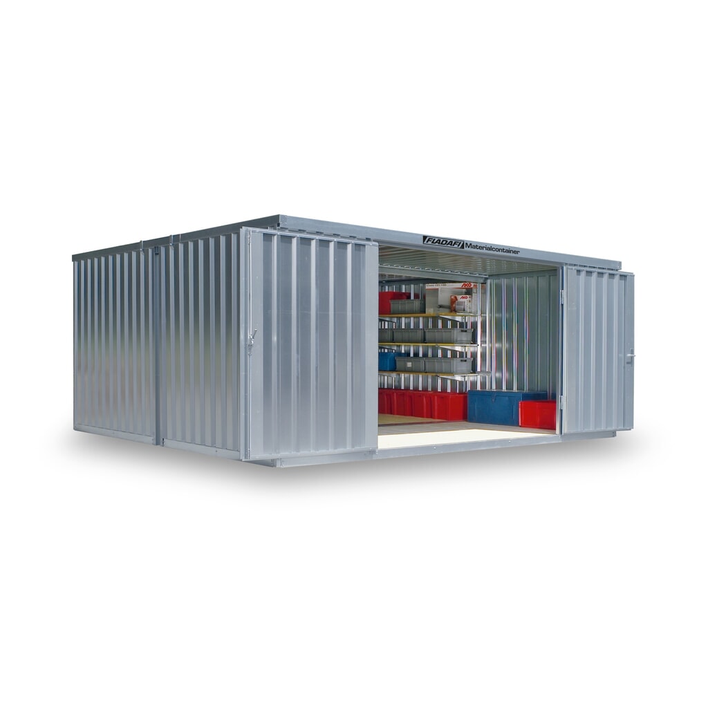 FLADAFI® Materialcontainer-Kombination, zerlegt, 21 m², mit Holzfußboden, HxBxT 2.150 x 5.080 x 4.340 mm, Doppelflügeltür (asymmetrische Teilung), mittig im Modul Produktabbildung: FLADAFI® Materialcontainer-Kombination, zerlegt, 21 m², mit Holzfußboden, HxBxT 2.150 x 5.080 x 4.340 mm, Doppelflügeltür (asymmetrische Teilung), mittig im Modul