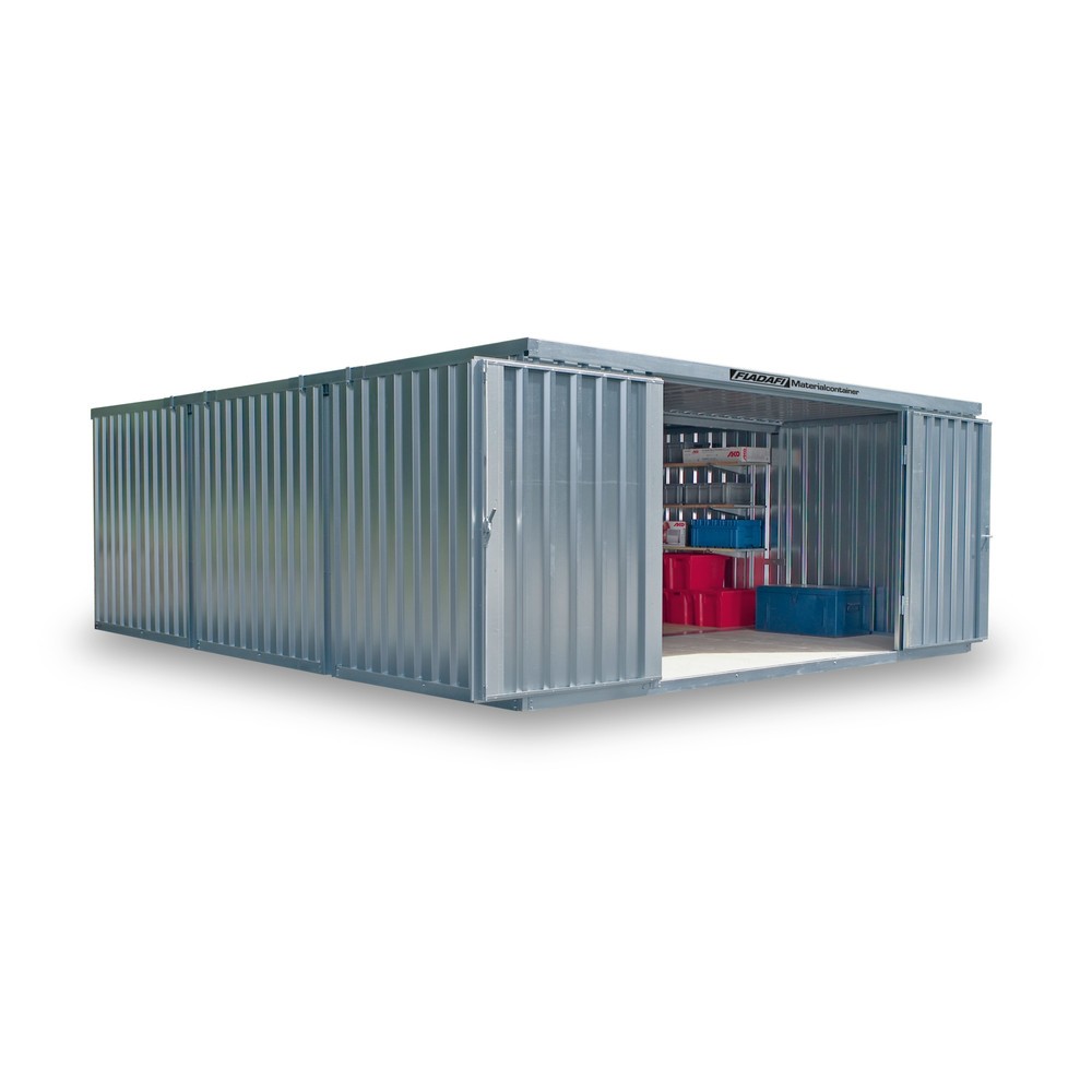 Produktabbildung Nr. 1: FLADAFI® Materialcontainer-Kombination 32m², zerlegt, ohne Boden, Maße außen 5080x6520x2115 mm, Doppelflügeltür (asymmetrische Teilung), mittig im Modul