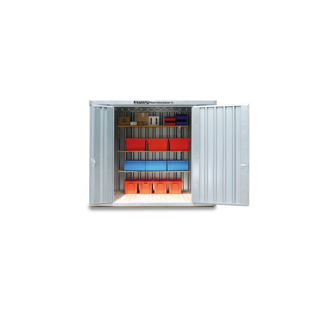 Produktabbildung: FLADAFI® Materialcontainer XL 6m², verzinkt, montiert, mit Holzfußboden, Maße außen 3020x2170x2532 mm, Doppelflügeltür (asymmetrische Teilung), mittig in Breitseite