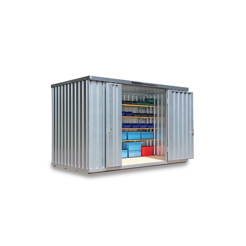Produktabbildung: FLADAFI® Materialcontainer XL 8m², verzinkt, montiert, mit Holzfußboden, Maße außen 4050x2170x2532 mm, Doppelflügeltür (asymmetrische Teilung), mittig in Stirnseite