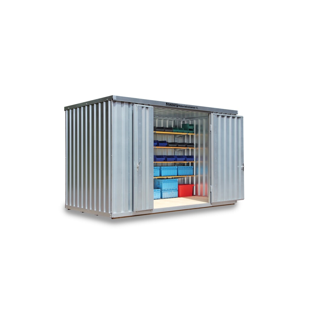 Produktabbildung: FLADAFI® Materialcontainer, verzinkt, montiert, XL 10 m², mit Holzfußboden, HxBxT 2.532 x 5.080 x 2.170 mm, Doppelflügeltür (asymmetrische Teilung), mittig in Stirnseite