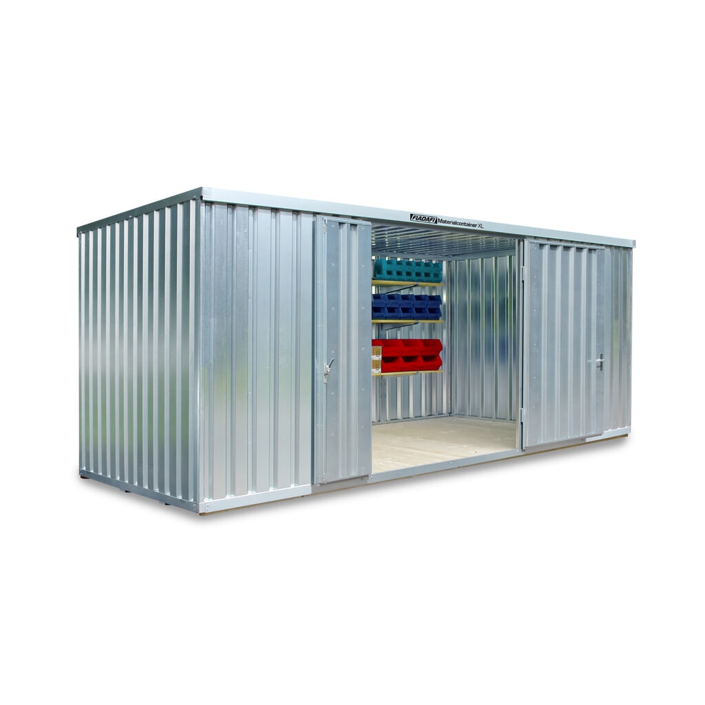 Produktabbildung: FLADAFI® Materialcontainer, verzinkt, montiert, XL 12 m², mit Holzfußboden, HxBxT 2.532 x 6.020 x 2.170 mm, Doppelflügeltür (asymmetrische Teilung), mittig in Stirnseite