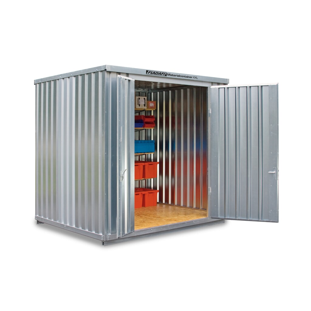 Produktabbildung: FLADAFI® Materialcontainer, verzinkt, montiert, XXL 7 m², HxBxT 2.595 x 3.020 x 2.540 mm, Doppelflügeltür (asymmetrische Teilung), mittig in Stirnseite