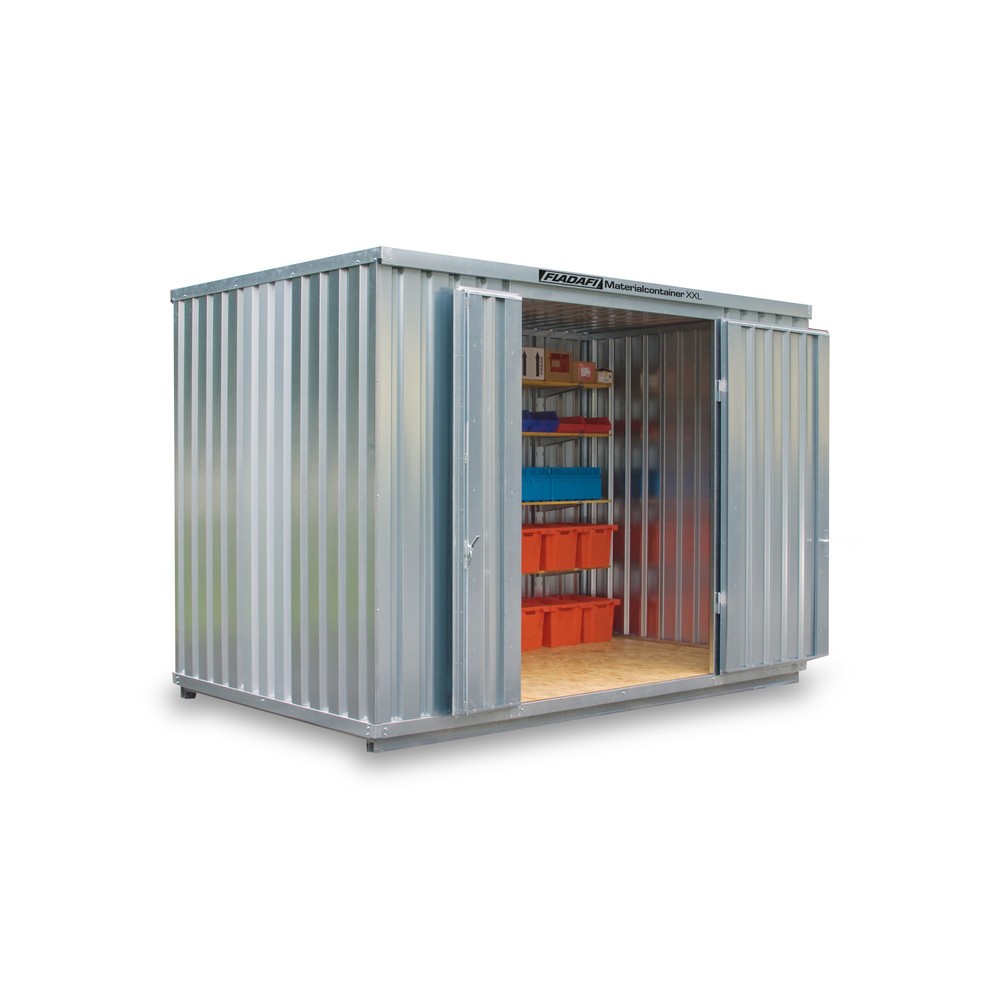 Produktabbildung: FLADAFI® Materialcontainer XXL 9m², verzinkt, montiert, Maße außen 4050x2540x2595 mm, Doppelflügeltür (asymmetrische Teilung), mittig in Stirnseite