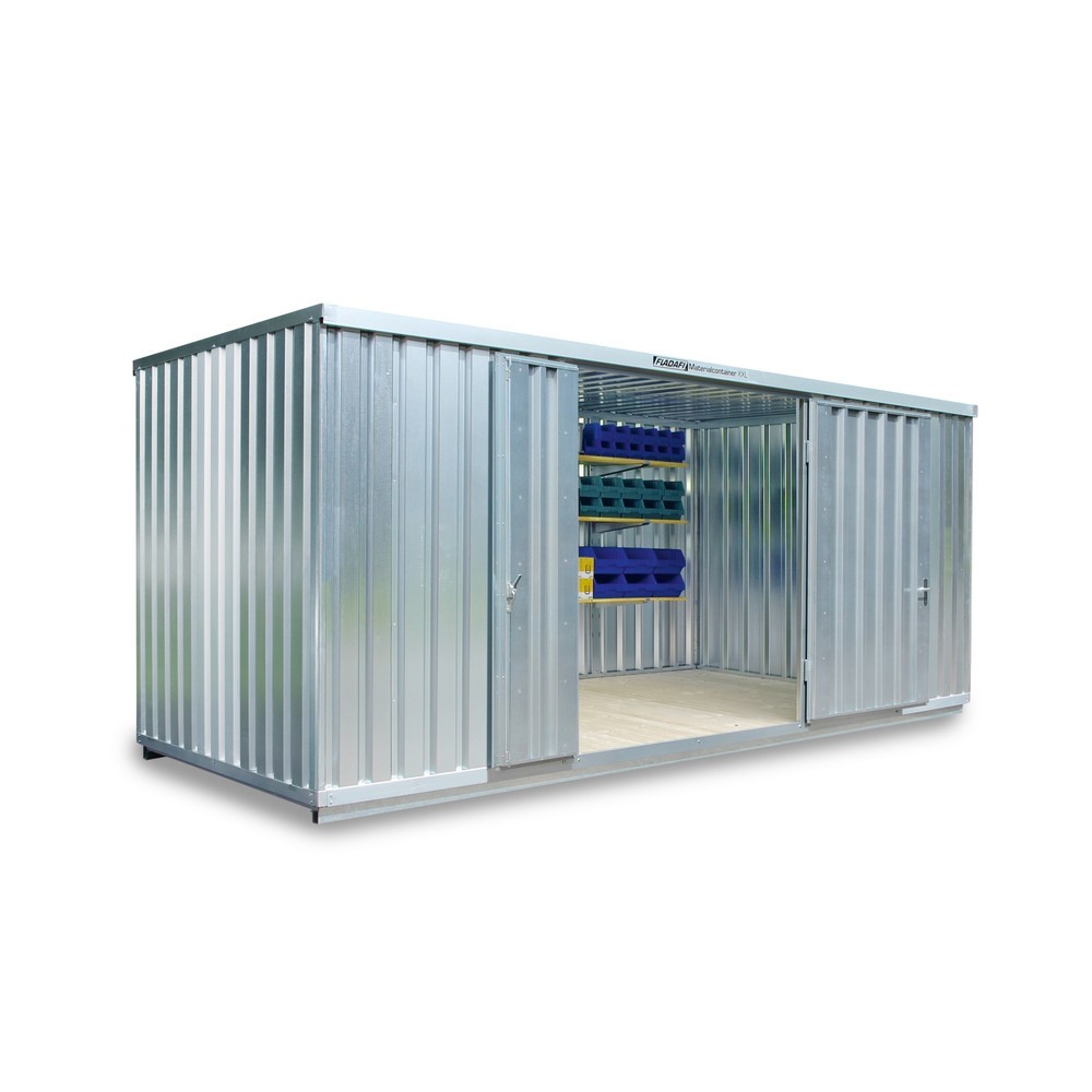 Produktabbildung: FLADAFI® Materialcontainer XXL 14m², verzinkt, montiert, Maße außen 6020x2540x2595 mm, Doppelflügeltür (asymmetrische Teilung), mittig in Breitseite