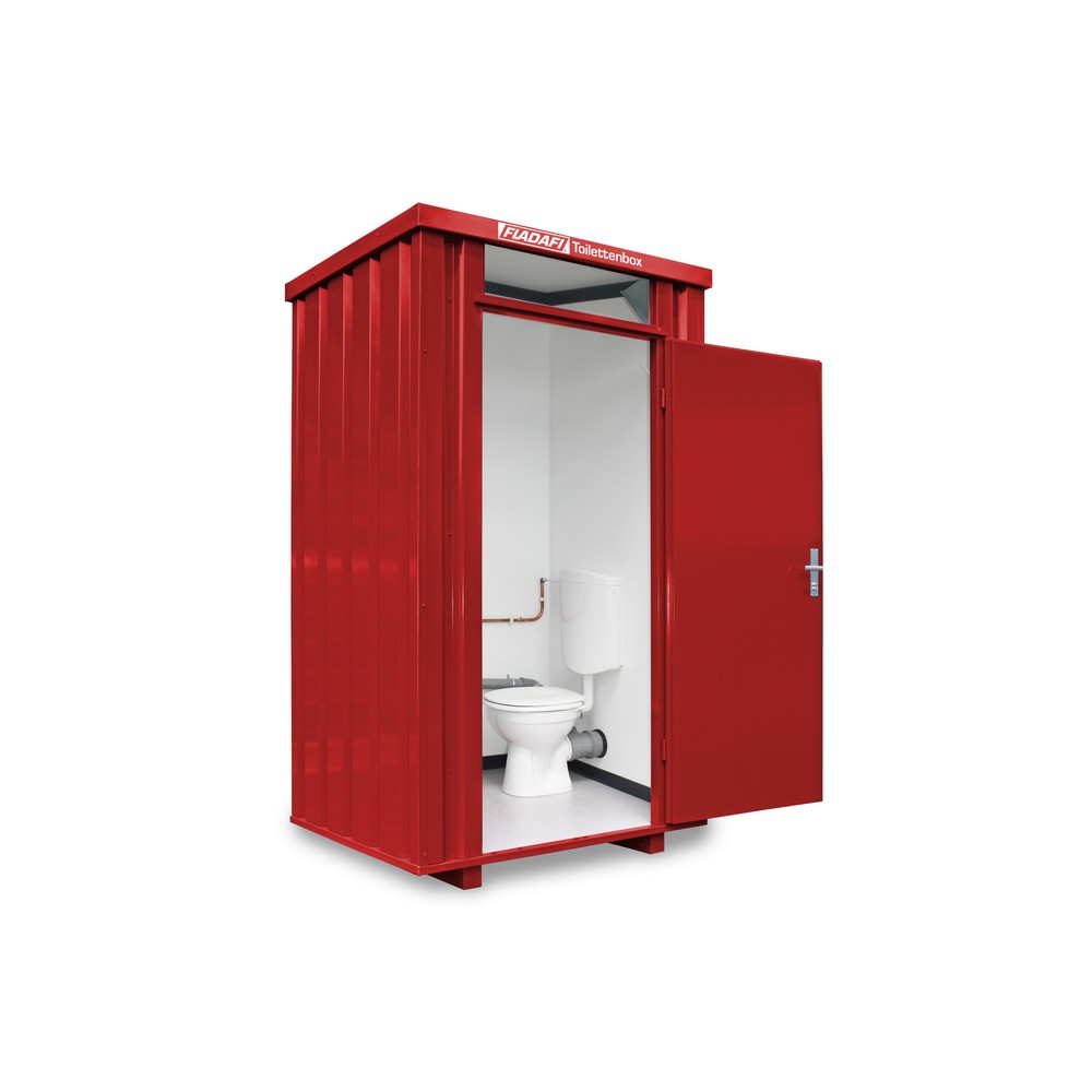 Produktabbildung: FLADAFI® Toilettenbox, verzinkt, montiert, mit Einrichtung, Einflügeltür, mittig in Breitseite