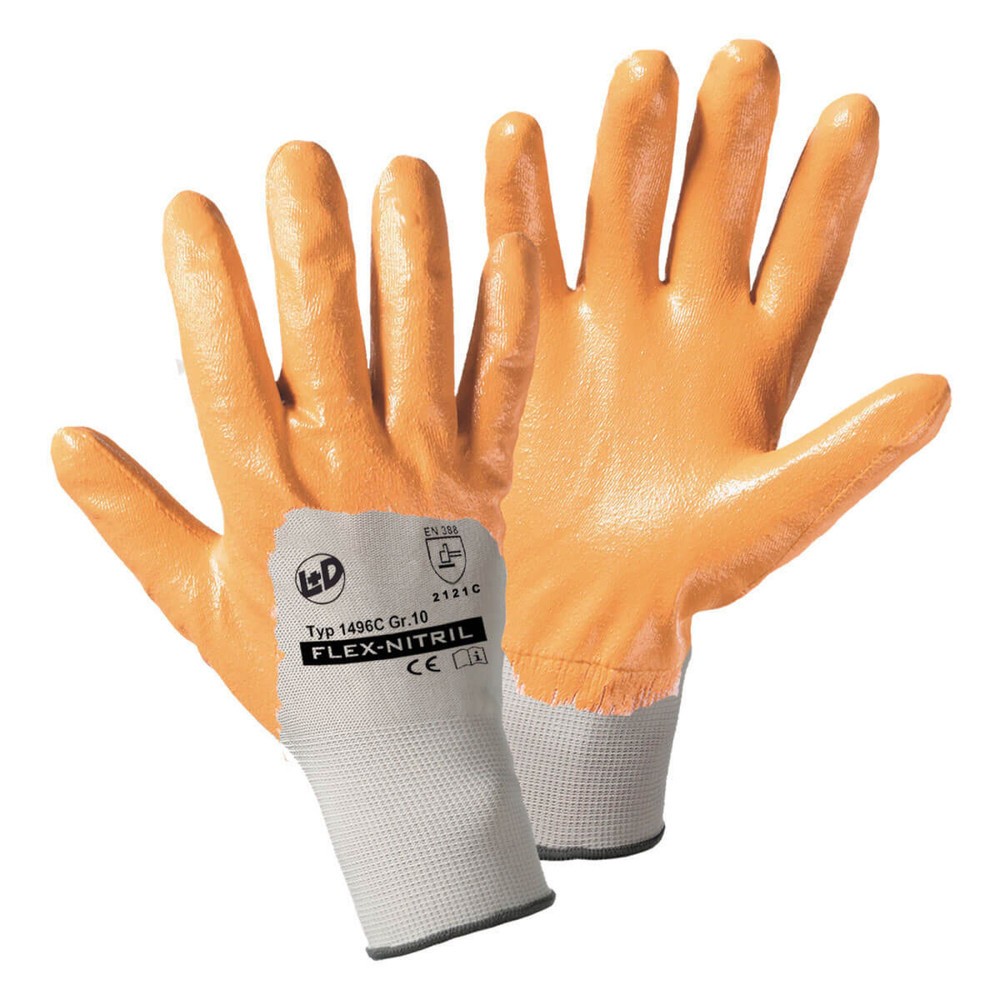 Produktabbildung: FLEX-NITRIL Feinstrickhandschuh weiß mit gelber Nitrilbeschichtung, Größe 10