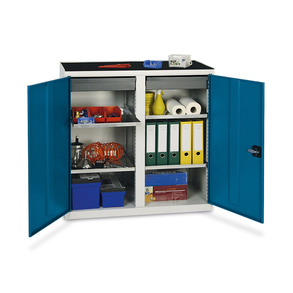 Flügeltürschrank mit 2 Schubladen und 4 Wannen, HxBxT 1.000 x 1.000 x 500 mm, grau Produktabbildung: Flügeltürschrank mit 2 Schubladen und 4 Wannen, HxBxT 1.000 x 1.000 x 500 mm, grau