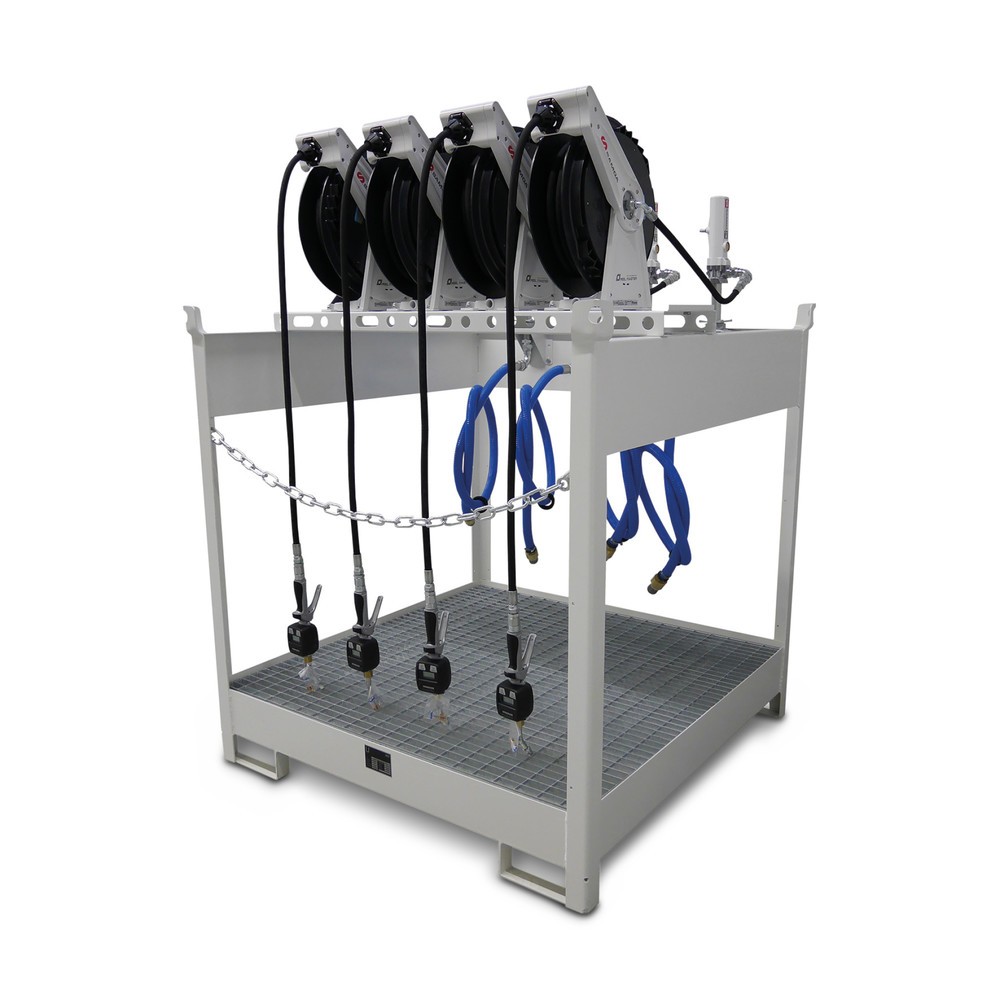 Produktabbildung: Frischöl-Insel SAMOA-HALLBAUER 44 DP, für 4 Fässer à 60 l oder 4 Fässer à 200 l, inkl. Auffangwanne, 4 Pneumatikpumpen, 4 offenen Schlauchaufrollern und 4 Füllpistolen mit Elektronikzähler